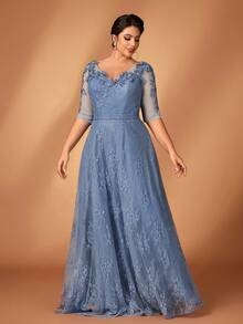 Serin 大码优雅浪漫朦胧蓝圆领七分袖贴花A字连衣裙，适合各种场合，新娘母亲礼服 - 藍色 - 查看 9