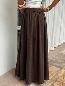 Firerie 女士收腰长裙，休闲度假亚麻质感半身裙，松紧腰设计，春夏百搭，优雅百搭，适合通勤、约会、工作、返校、波西米亚风、度假、海滩、舒适日常穿着，休闲百搭，也适合音乐节等场合。 - 咖啡棕 - 查看 7