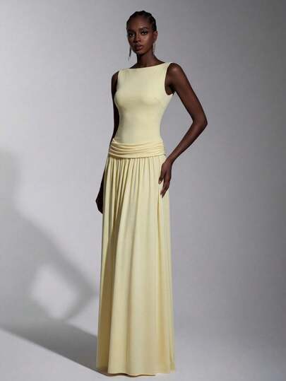 Elitara Elegant, Romantic, Fashionable Pale Yellow Elastic Mesh Fabric Boat Neck Sleeveless Pleated Decor A-Line Elegant Party Dress, Wedding Guest Dress, Green Dress, Fashionable & Elegant Bridesmaid Dress