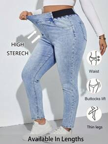SHEIN Tall CURVE 大尺碼淺藍色夏季日常休閒女款高彈力牛仔褲，Y2K街頭風哥德頹廢風，適合生日、夜店、機場穿搭 - 中等水洗藍 - 查看 1
