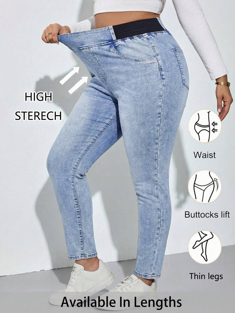 SHEIN Tall CURVE 大尺碼淺藍色夏季日常休閒女款高彈力牛仔褲,Y2K街頭風哥德頹廢風,適合生日、夜店、機場穿搭 - 中等水洗藍 - 查看 1