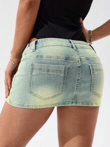 SHEIN PETITE Váy mini denim giản dị thiết kế túi ôm vừa vặn dành cho nữ - Màu xanh lam - Xem 2