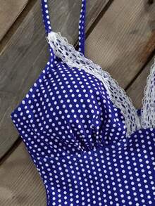 Swim Vcay Bộ đồ bơi tankini gợi cảm cổ yếm viền ren chấm bi dành cho nữ, thích hợp cho kỳ nghỉ hè. - Màu xanh lam - Xem 5