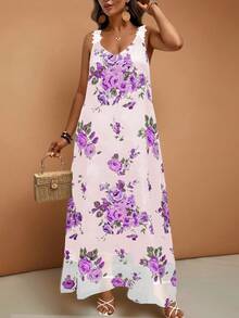 EMERY ROSE 大码春夏印花长裙，优雅浪漫花卉图案，蕾丝边饰，吊带雪纺衬里，女士夏季连衣裙，女士春季连衣裙，女士长裙，女士夏季套装，女士休闲连衣裙 - 紫色 - 查看 3