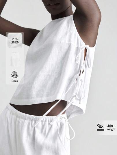 Ontre 2026SS Music Festival, Concert, Country Music Festival, Women's Concert Outfit, 2025 New Arrival, Comfortable Casual Linen Side Bow Design Sleeveless Round Neck Tank Top For Women, Spring Summer Daily Wear, Beach Vacation Bohemian Style Outfit, Summer Ins Influencer Same Style Vacation Exotic Atmosphere Country Music Concert Western Style High-Quality Comfortable Fabric