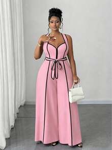 Maweii Plus Size Sexy Off-The-Shoulder Bow Jumpsuit - Pink - View 3