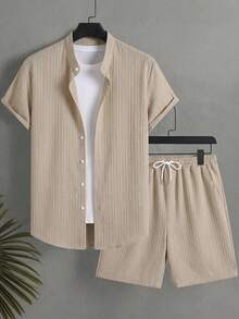 Surfspeed Bộ đồ đi biển dành cho nam giới, gồm áo sơ mi ngắn tay màu trơn cài một hàng khuy và quần short cạp chun có dây rút. - Màu Khaki - Xem 2