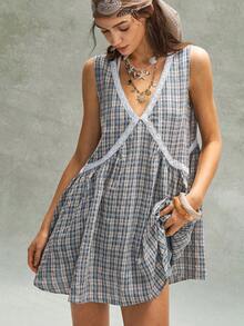 Bohemela 女士休闲格纹V领迷你连衣裙 - 藍白色 - 查看 6