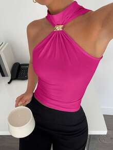 Siren Gaze Women's Sleeveless Stand Collar Top With Metal Decor, Commuting & Vacation Casual Blouse,Summer Top - Hot Pink - View 5