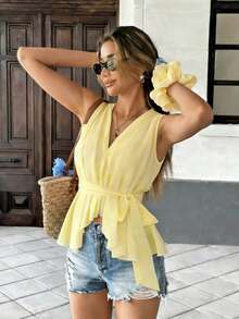 EMERY ROSE New V-Neck Sleeveless Sheer Chiffon Sexy Tie-Up Elegant Commuter Sexy Vacation Versatile Fitted Women Blouse - Yellow - View 1