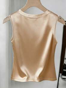 Lyxana Women's Summer Knit Round Neck Shiny Cady Sleeveless Champagne Commuter Metal Button Elegant Casual Versatile Tank Top - Champagne - View 2