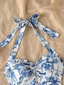 SHEIN 少女露背白色迷你连衣裙，系带/荷叶边下摆，双层设计/适合派对/约会/情人节/度假/海滩度假装扮 - 藍色 - 查看 2