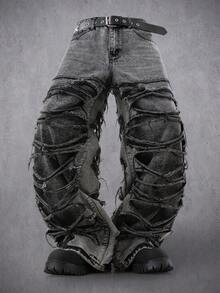 Manfinity Denimwave 男士休闲做旧毛边灰色牛仔裤 - 灰色 - 查看 3