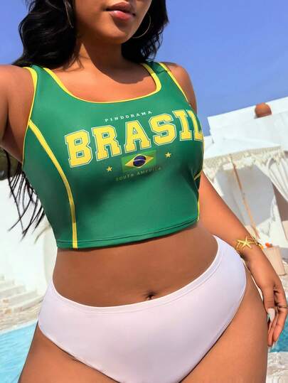 Swim Vcay 2026 New Plus Size Women's Summer Beach Vacation Brazil Letter Backless Slimming Shaping Sports Style Camisole Sexy Crop Top, Youthful Energetic American Style Swimwear Top South America Brazil Crop Top Swimsuit Bikini Top