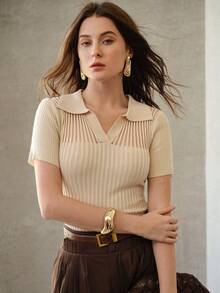 MOTF PREMIUM 女士镂空针织短袖T恤，夏季新款修身针织上衣 - 杏色 - 查看 7