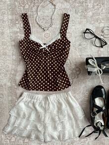 Attitoon Áo tank top nữ dáng ôm, cổ vuông, thắt nơ, họa tiết chấm bi nâu, phong cách retro Y2K đa năng, thích hợp cho lễ hội âm nhạc, trang phục mùa hè. - Nhiều màu - Xem 2