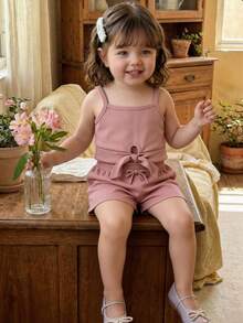 SHEIN 2pcs/Set Young Girl Light Pink Ribbed Knit Camisole And Shorts Set,Summer Matching Holiday Family Vacation Resort Wear Tweens Two Piece Outfits,Cute - Pink - View 3