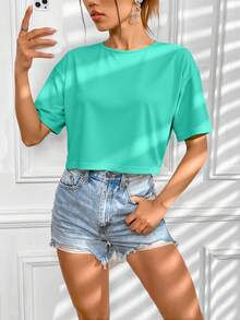 INAWLY Áo thun nữ tay ngắn cổ tròn màu trơn, kiểu dáng thường ngày, đa năng. - màu xanh lá - Xem 3