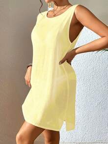 SHEIN Swim 女士纯色圆领休闲度假日常穿着罩衫连衣裙 - 黃色 - 查看 4