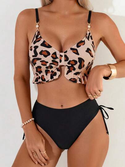 Costavie Women's Sexy Backless Swimsuit Set With Ruffled Hem And Leopard Print, Suitable For Beach Vacation