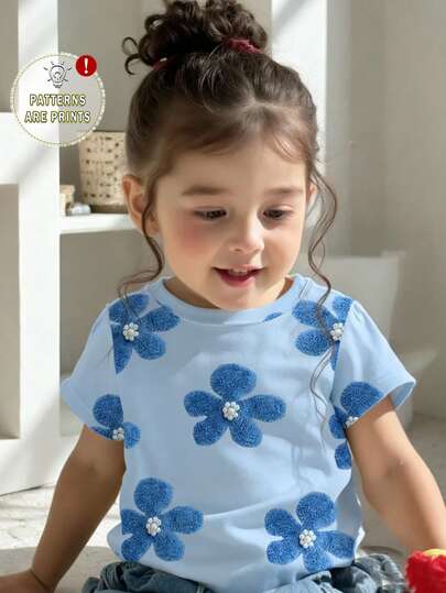 Baby Girls' New Fashion SS26 Spring And Summer Clothes, Casual Comfortable Stylish Minimalist Creative Personalized Leopard Print Faux Towel Embroidery Blue Pearl Floral Pattern Print Casual Short Sleeve T-Shirt, Suitable For Spring/Summer Daily Wear And Tops
