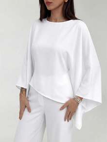 Aloruh Boat Neck Voluminous Sleeve Cinched Waist Commuter Shirt - White - View 6