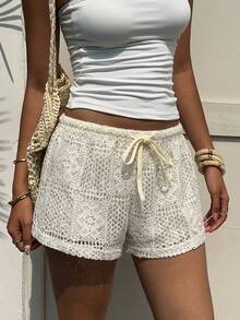 Aloruh Quần short cạp thấp màu mơ, chất liệu vải thêu, kiểu dáng thanh lịch, thoải mái, phong cách Y2K, thích hợp cho các lễ hội âm nhạc và buổi hòa nhạc. - Màu be - Xem 6