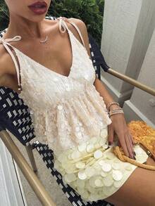 Serisse 女士纯色打结V领亮片拼接优雅吊带衫 - 杏色 - 查看 4