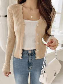 KEEJOIN Cárdigan de punto acanalado con ribete de vieira, blusas de manga larga, ropa de otoño - Caqui - Ver 1