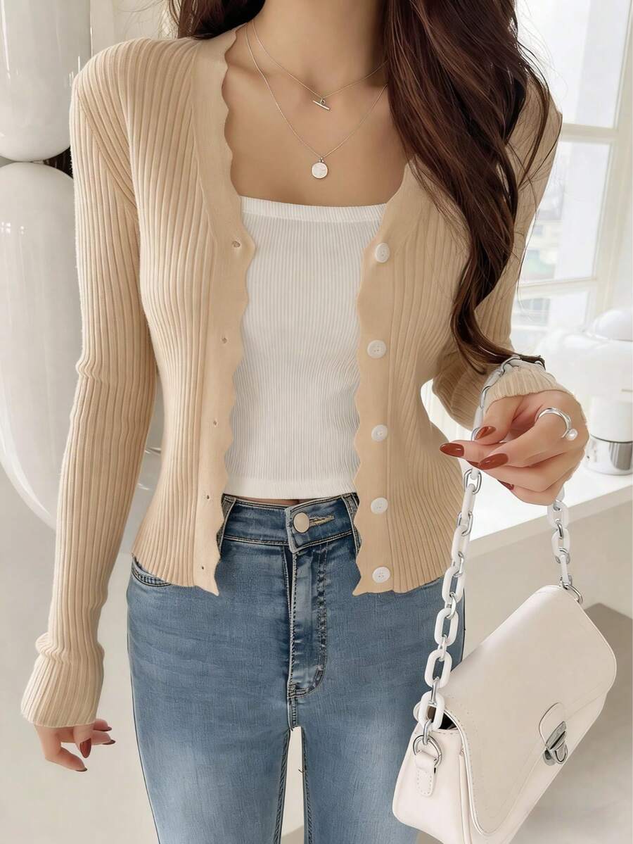 KEEJOIN Cárdigan de punto acanalado con ribete de vieira, blusas de manga larga, ropa de otoño - Caqui - Ver 1