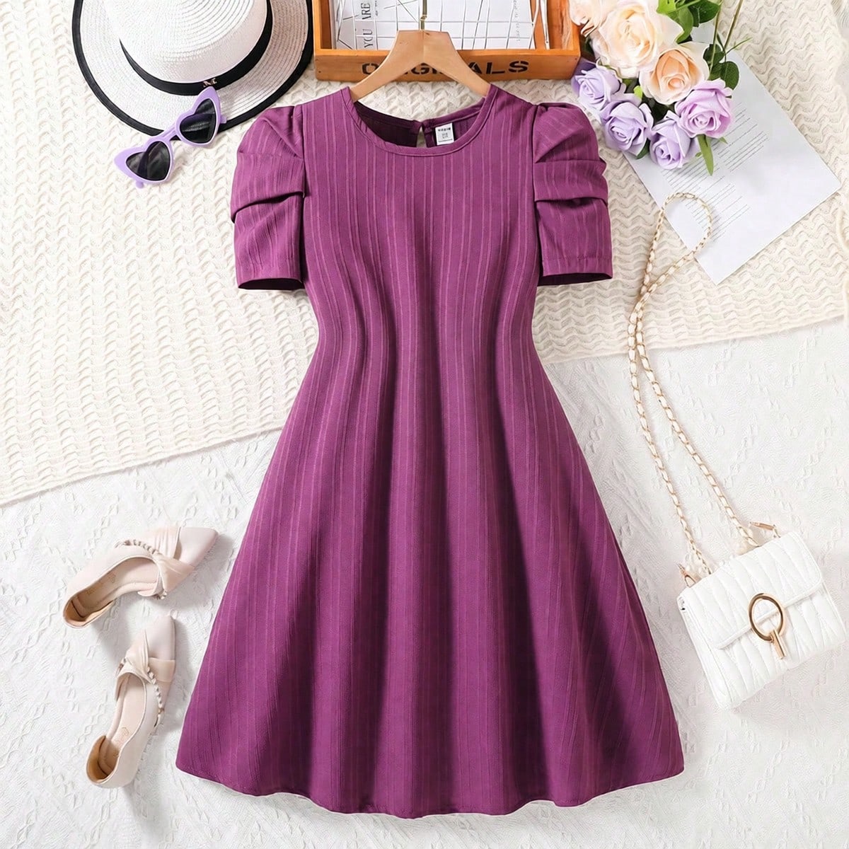 Vestido casual de manga corta y cuello redondo a rayas para niña preadolescente