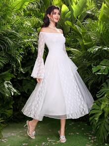 Modelyn French White Lace Off-Shoulder Long Sleeve Mesh Flared Dress - Pearl White - View 6
