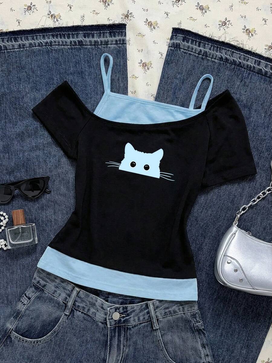 Attitoon Áo thun ngắn tay nữ kiểu dáng retro màu đen và xanh phối tương phản, in hình mèo xanh đang nhìn trộm, thích hợp cho mùa hè. - xanh và đen - Xem 1