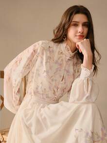 MOTF PREMIUM WOMEN'S SPRING/SUMMER FRILL COLLAR LONG SLEEVE FLORAL  LYOCELL ELEGANT ROMANTIC BLOUSE - Apricot - View 1