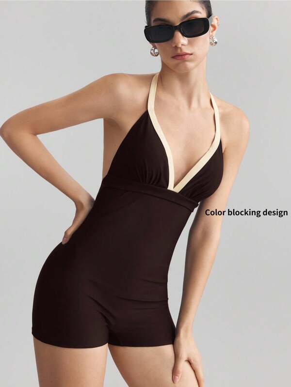 Ontre 2026 Spring/Summer New Women's Beach Outfit, Independence Day, Comfortable Casual Style, Fitted Silhouette, Ladies One-Piece Swimsuit, Navy Blue With Apricot Contrast, Halter Neck Design, Boyleg Shorts, Spring/Summer Beachwear, Comfortable Casual Swimwear, Suitable For Swimming