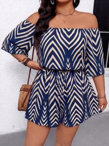Breezaya Plus Size Off-The-Shoulder Color-Blocked Romper With Elastic Waist,Spring Summer Fall Winte Vacation Work Outfits For Beach Fashion Country Stripe Sea - Blue - View 5