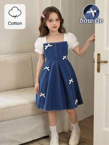 青少年女孩夏季休闲时尚连衣裙，白色纹理蝴蝶结装饰，泡泡袖，牛仔布拼布，适合夏季返校，甜美可爱的淑女风日常、度假、旅行、秋冬拍照 - 彩色 - 查看 5