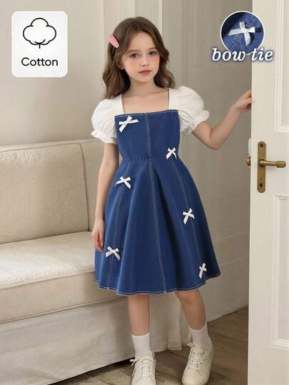 Tween Girls' Summer Casual Fashionable Dress, White Textured Bow Decor, Puff Sleeves, Denim Patchwork, Suitable For Summer Back To School, Sweet & Lovely Lady-Like Daily, Vacation, Travel, Photo Shoot Fall Winter