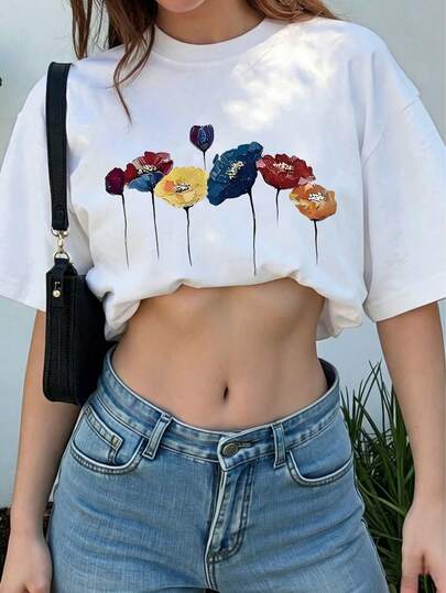 Camiseta de manga corta y cuello redondo para mujer, estilo casual, con diseño de estampado moderno, estampado digital, poliéster, envase de 1 pieza, camiseta con diseño de estampado