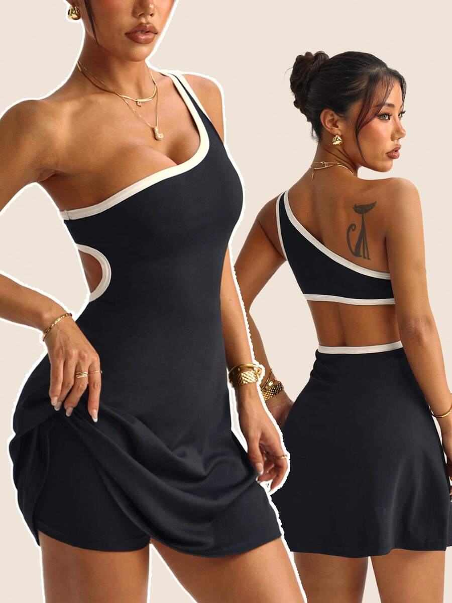 SHEIN Sovereign Charm 1pc Removable Padded Backless Sexy Sports Dress For Women, Suitable For Fitness & Yoga - Black - View 1