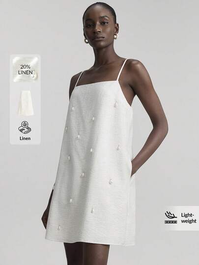 Ontre 2025 New Loose A-Line White Dress, Comfortable Casual Style With Pearl Decor, Short Slip Dress, Suitable For Beach, Vacation, Bohemian, Summer Music Festival, Western Style, High-Quality Fabric