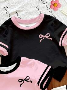 3pcs/Set Young Girls' Pink Summer Back-To-School Fashion SS26 Casual Comfortable Colorblock Striped Bow Print Short Sleeve Round Neck T-Shirt - Multicolor - View 5