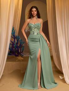 Glamrae Đầm cúp ngực sang trọng, thanh lịch màu xanh lá cây thêu sequin, chân váy đuôi cá co giãn dệt kim đính cườm thủ công với đường viền xếp nếp, thích hợp cho các bữa tiệc, dạ hội và các dịp trang trọng. - Cỏ xanh - Xem 3