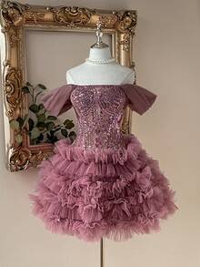 Lovelzi 优雅奢华3D珍珠刺绣网纱拼接无肩带不对称层叠荷叶边可调节系带连衣裙，适合约会、度假、单身派对、婚礼、返校、舞会等场合。 - 藕粉色 - 查看 2