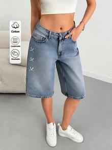 SHEIN Low Waist Embroidery Detailed Denim Bermuda - Light Wash - View 6