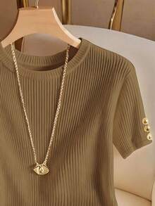 Almamuse 大码纯色短袖圆领T恤 - 卡其色 - 查看 4