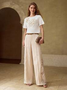 MOTF PREMIUM 女士刺绣花卉图案优雅百搭夏季T恤 - 白色 - 查看 1