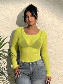 CovetEZ Atasan Wanita Ukuran Besar Warna Polos Leher Bulat Transparan Lengan Panjang Kasual - Kuning - View 6