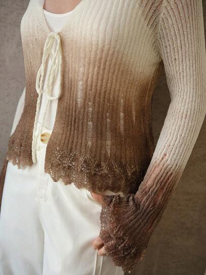 MOTF PREMIUM MUJER CÁRDIGAN DE PUNTO CON MANGAS ACAMPANADAS, CUELLO EN V, ESTAMPADO DEGRADADO Y LAZO, PRIMAVERA/VERANO