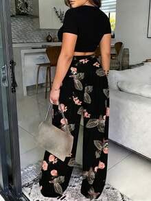 Conjunto de Top corto con estampado floral y pantalones largos con estampado de plantas para mujeres, ideal para primavera/verano - Negro - Ver 10